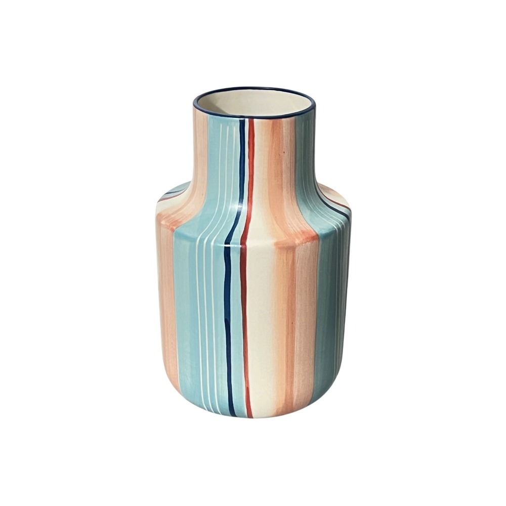 Pier 1 Imports Ceramic Vase Home Decor OS Blue Coral Striped Hand‎ Painted 9.5in